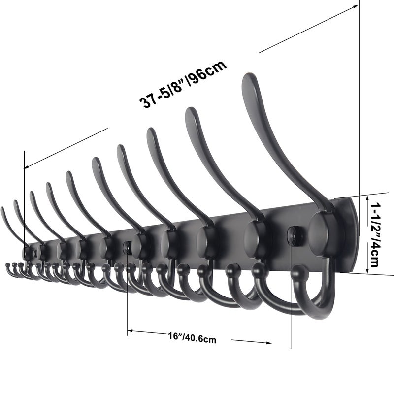 WEBI Coat Rack Wall Mount,37 5/8" Long,10 Hooks,Coat Hooks Wall Mounted,16" Hole to Hole,Coat Hanger Wall,Triple Hooks for Hanging Coats,Clothes,Jacket,Hats,Black - Image 2